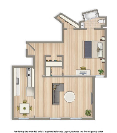 Floor plan for 1 bed, 1 bath, 647 sqft